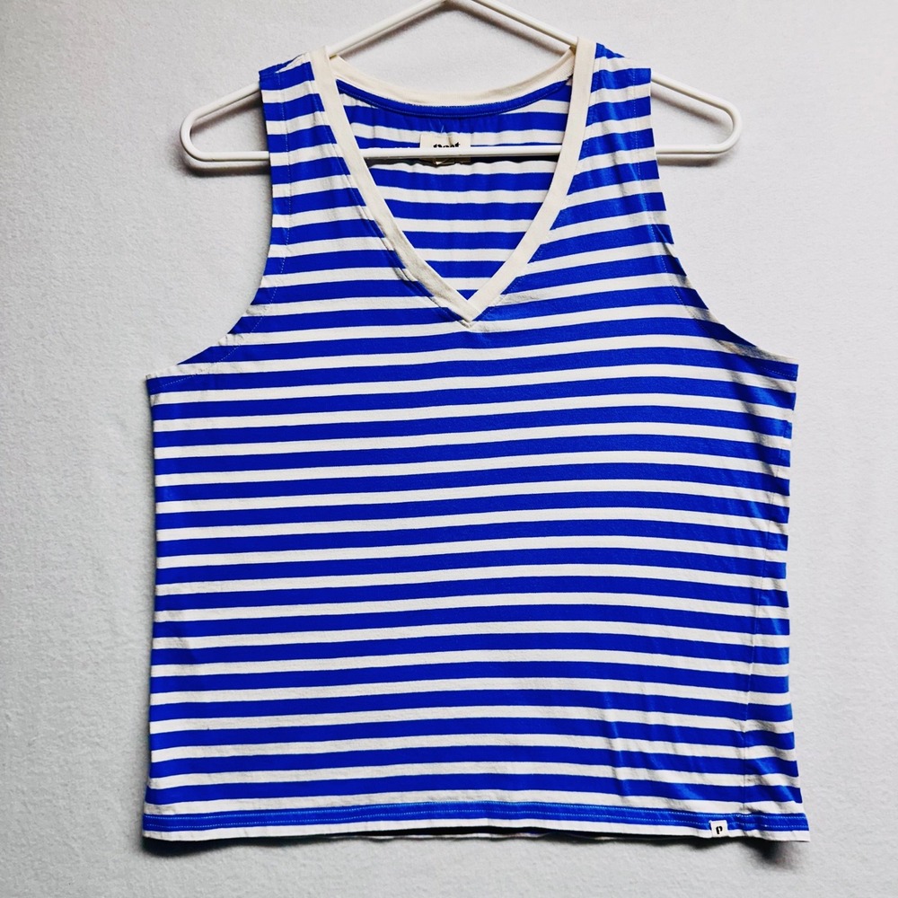 Pact Soft Spin Tank Top Women L Blue White Striped Organic Cotton V-Neck